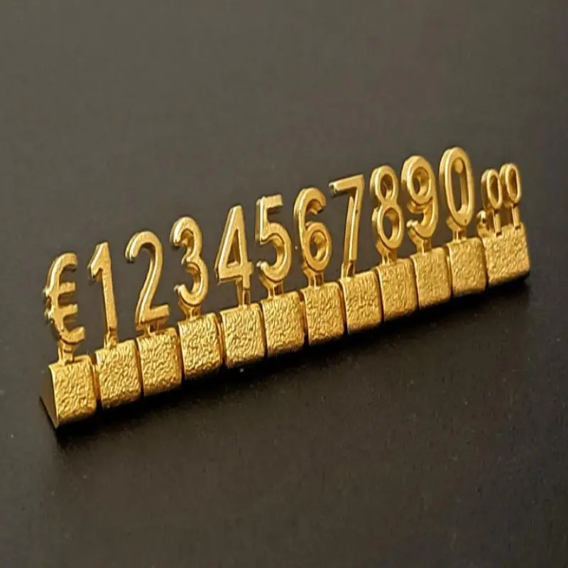 Goldene 3D-Kombinations-Preisschilder 12 Stück/Set - Verstellbare Zahlenwürfel mit Dollar- & Euro-Symbol für Schmuckgeschäft-Displays – Detail 6