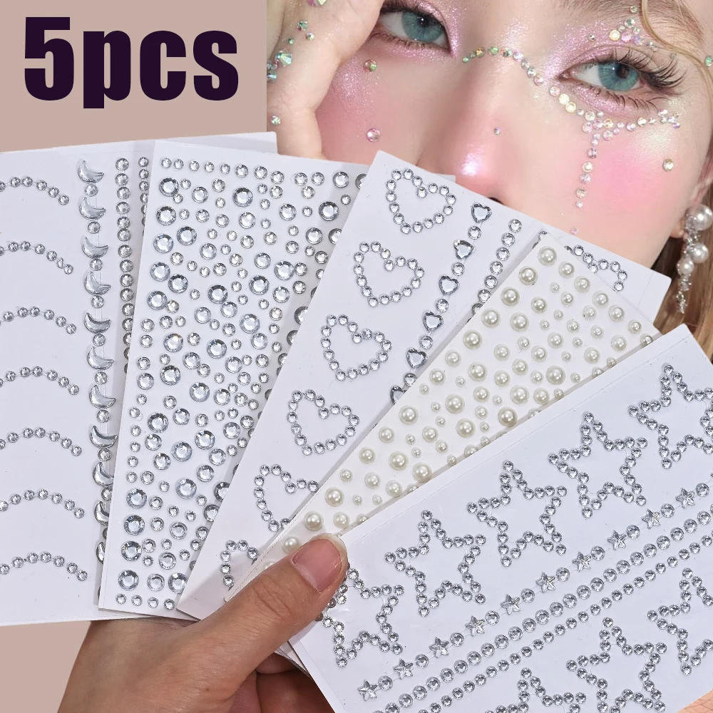 5 Stück Diamant-Gesichtsaufkleber für Kinder, gemischter Stil, bunter Glitzer-Kristall, Gesichtsaufkleber, 3D-selbstklebende Gesichts-Strasssteine, kleine Größe