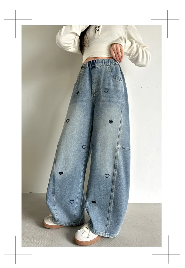 Stilvolle neue Frühlings-Kinder-Baggy-Jeans mit Herz-Stickerei für Teenager-Mädchen 5 6 8 10 11 12 13 14 Jahre Kinder Casual Denim-Hosen – Detail 6