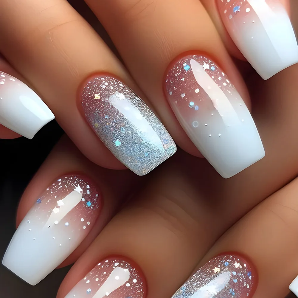 

24pcs White Flower False Nails Blue Short Square Press on Acrylic Nail Fashion Wearable Fake Nails with Jelly Glue Stick on Nail