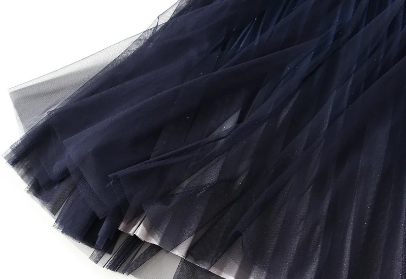 Starry Gradient Chiffon Pleated Long Skirt for Women, Solid Color 3-layer A-line High Waisted Autumn and Winter Big Swing Skirt