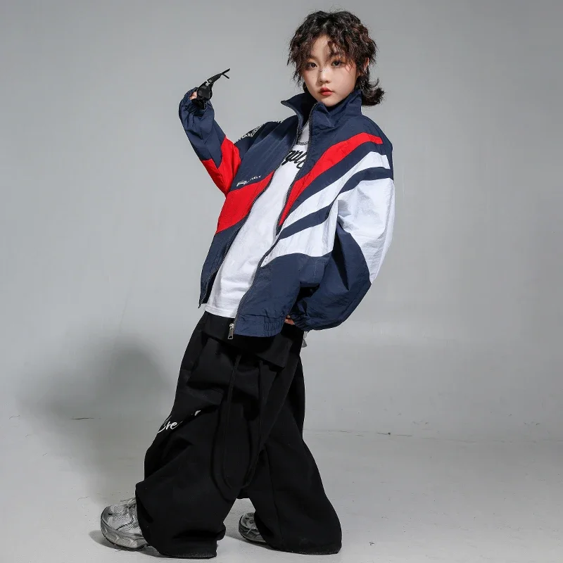 Chaqueta de contraste para niñas, Top corto de baile callejero Punk, pantalones vaqueros, conjunto de ropa de Hip Hop para niños, pantalones vaqueros de Jazz, ropa de calle para niños, disfraz