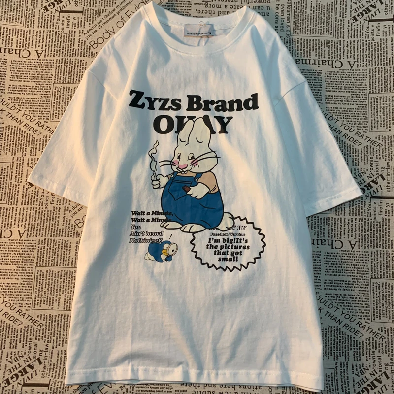 محلية الصنع الأمريكية الرجعية متعة أرنب طباعة قصيرة الأكمام تي شيرت للرجال النساء زوجين Harajuku 100% القطن فضفاض متعة تي شيرت