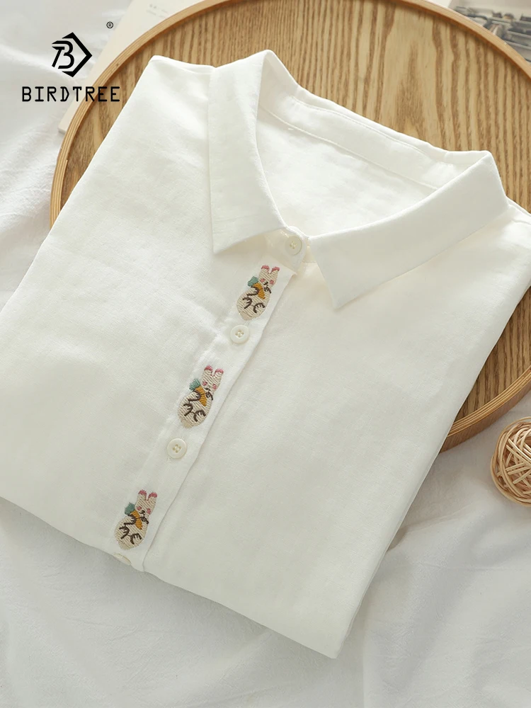 New Summer Cotton Yarn Casual Shirt Women Lapel 3/4 Sleeve Embroidery Tops Girl Loose Sweet Fashion Blouses 2024 Autumn T45830QC