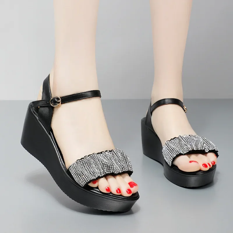 6cm Small Size 32-43 All Match Fahion Comfortable Bling Wedges Sandals 2025 Summer Med Heels Platform Sandals for Office Mom