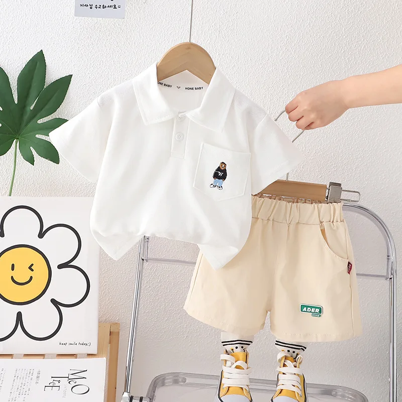 Summer Baby Boy Infant Clothes 2024 Korean Casual Cartoon Turn Down Colar Short Sleeve T-shirts and Shorts Kids Boys Outfit Set