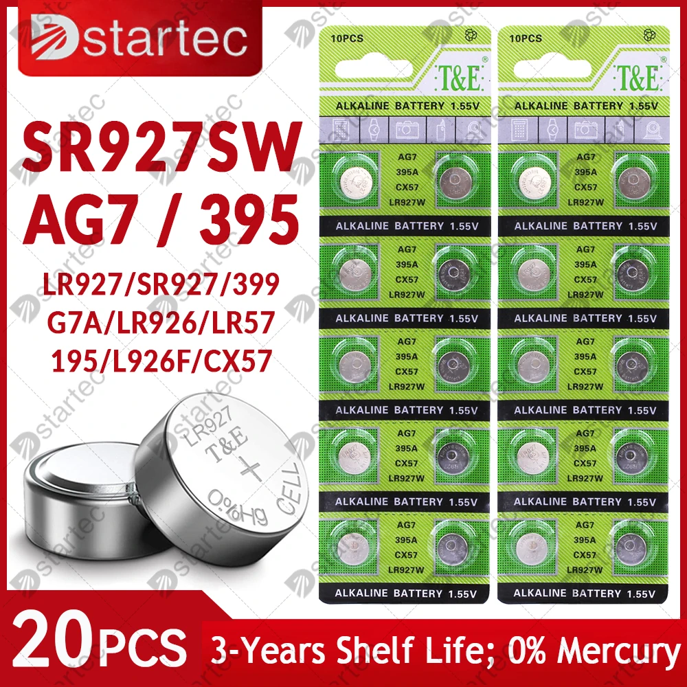 20PCS AG7 LR927 395 1.55V Button Batteries For Watch Toys Remote L927F LR57 SR927 LR926 395A 399 195 Cell Coin Alkaline Battery