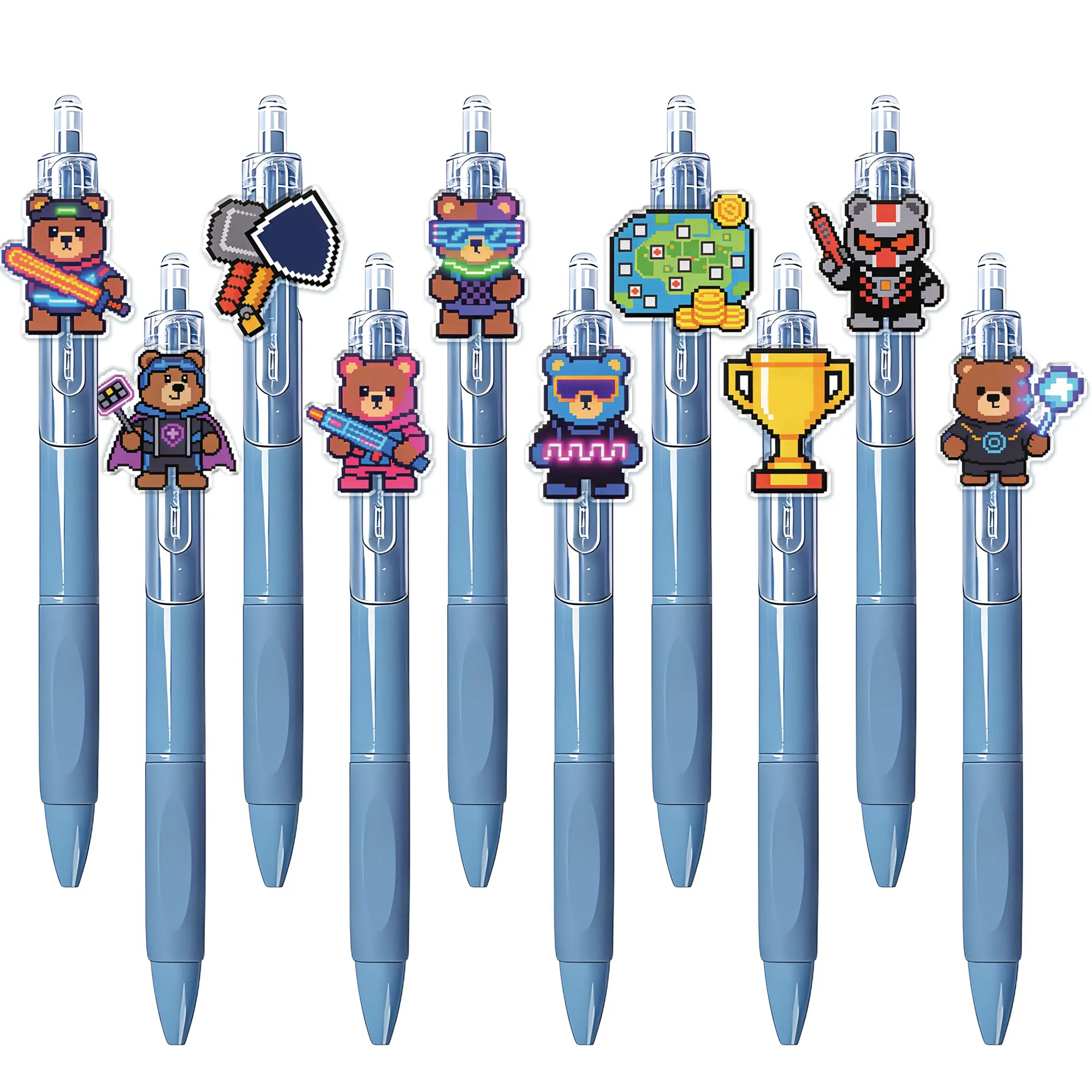 

10 шт. шариковых ручек с пиксельным дизайном для геймеров, синий держатель для ручек, подарок для школьников к началу учебного года