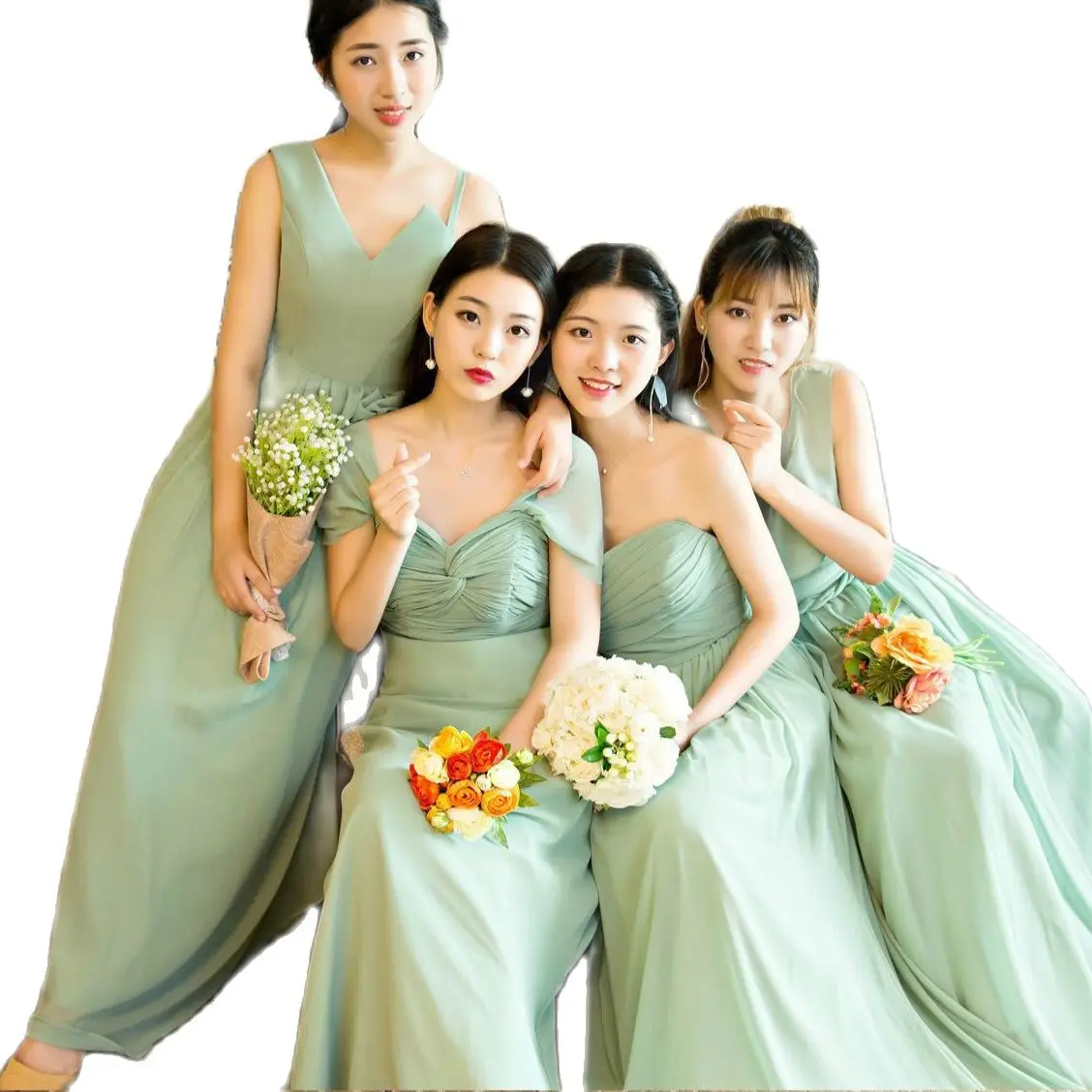 Bride Sisters Robe Light Green Evening Dresses Elegant Women Gown Girls Lace Up Long Chiffon Graduation Prom Wedding Party Dress