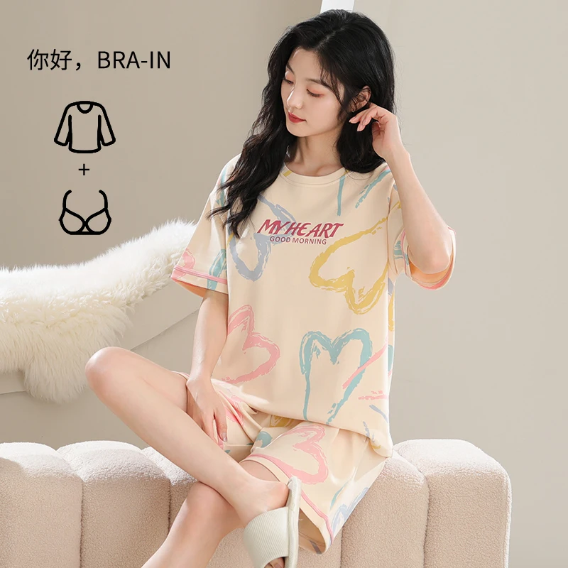 Summer Cotton Pajamas for Women Short Sleeves Shorts Chest Padded Pajama Sets Sweet Girl Sleepwear Round Collar Homewear