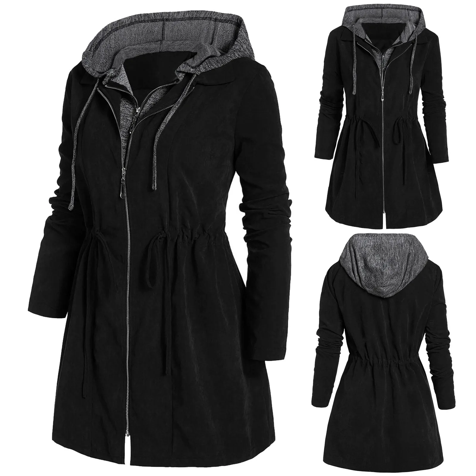 Patchwork Winter Hooded Winter Jackets For Women Plus Size Slimming Waist Drawstring Zipper Up Warm Long Outwear With Pockets