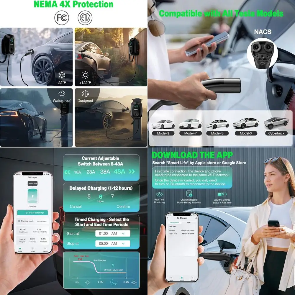 

GRECELL Wall Charger for Tesla, ETL Certified 240V 48A Level 2 EV Charger for Tesla, NEMA 14-50 Home Charging Station, Bluetooth