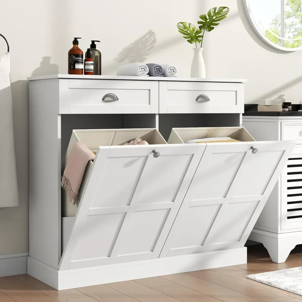 Double Tilt Out Laundry Hamper Cabinet, Hidden Laundry Cabinet with 2 Drawers & 2 Laundry Storage Baskets