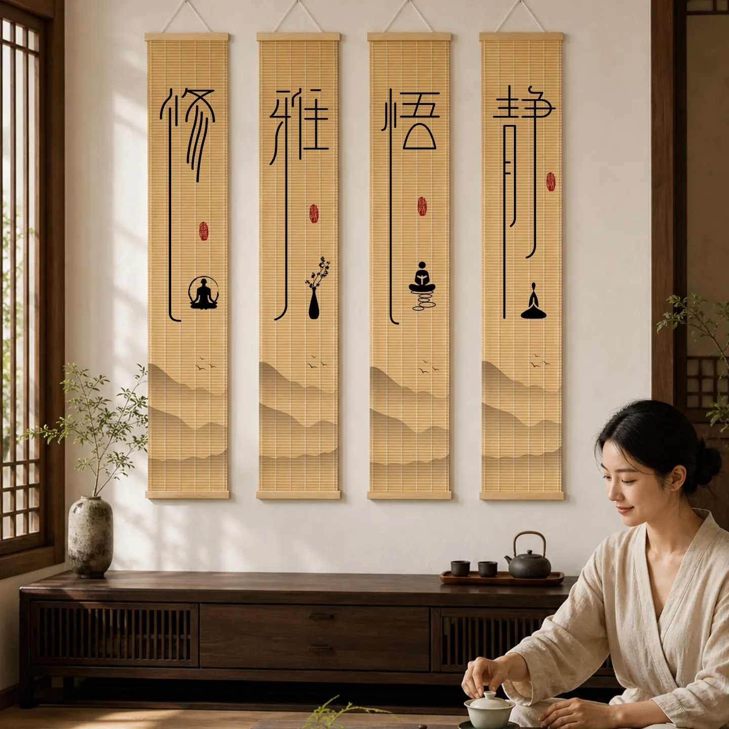 Wall Art Bamboo Scroll Calligraphy Calm Mind Original Intention Zen Room Tea House Living Mindfulness Yoga Studio Wall Art
