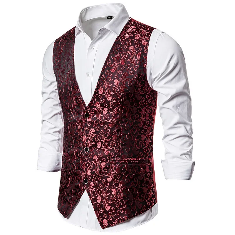 Men\'s Gold Jacquard Fabric V-Neck Sleeveless Vests Jacket, Single Breasted Vest, Wedding Party Waistcoat Black Wine Red