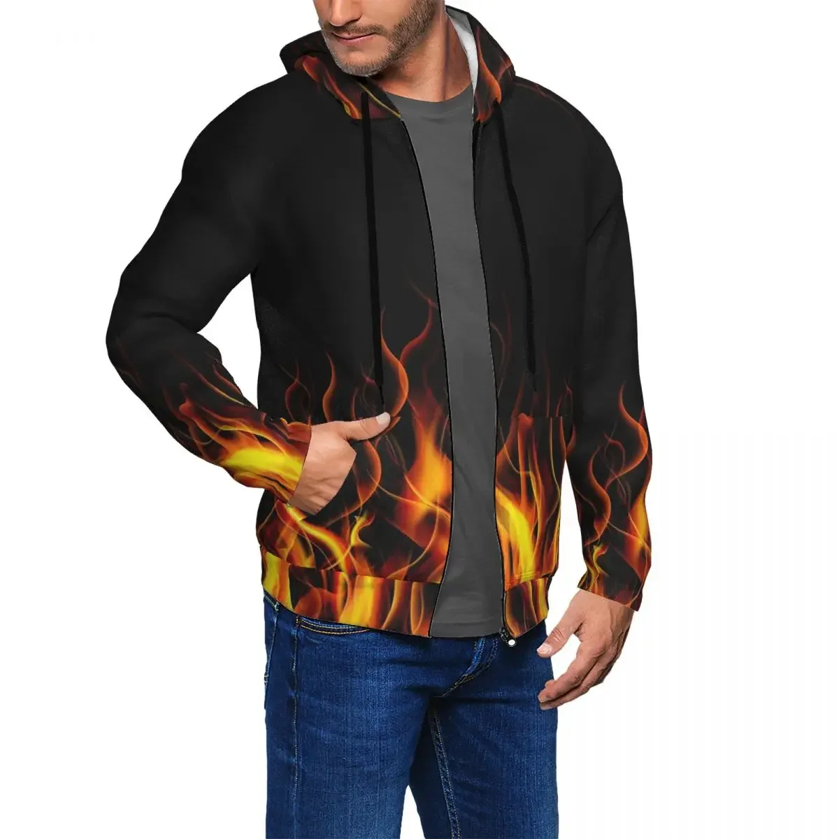 Flame Fire Design  Zipper Hoodie Hip Hop Pullover Autumn Winter Men's Women's Sweatshirt Long Sleeve Tops