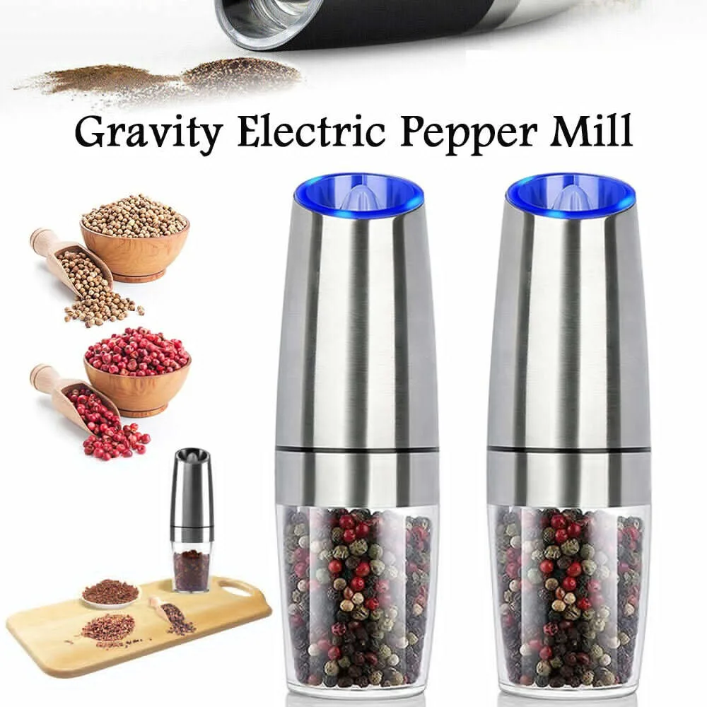 2PCS Electric Salt And Pepper Grinder Gravity Adjustable Coarseness Grinder Battery Powered Kitchen Gadget