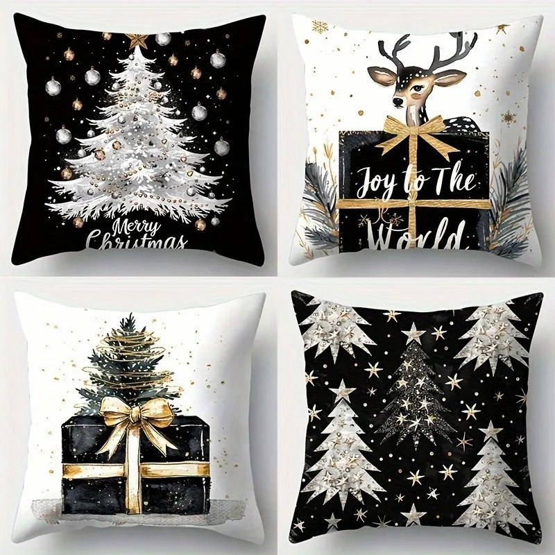 

4-piece black and gold Christmas pillowcase set, reindeer gift box style single-sided printed sofa cushion cover