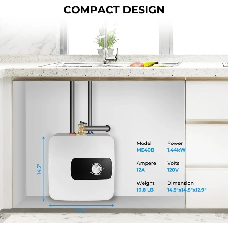 Calentador de agua Calentador de agua bajo demanda de 4 galones Calentador de agua eléctrico con enchufe de cable de alimentación 1,44 kW 120 V Fácil de instalar y usar