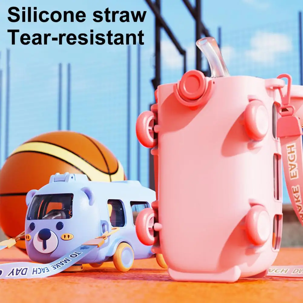 Leak-proof Water Bottle Excavator Cartoon Water Bottle with Adjustable Strap Leak-proof Top Straw Cup for Kids Cute for School