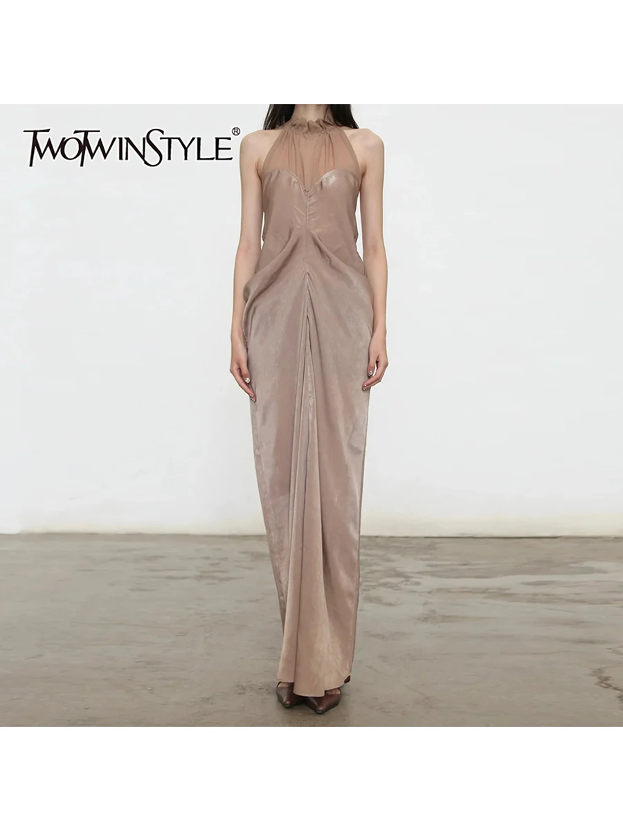 TWOTWINSTYLE Solid Patchwork Mesh Dresses for Women Halter Sleeveless High Waist Slimming Long Dress Female Fashion Clothing New