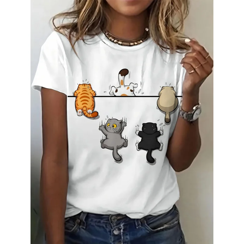 2026Cartoon five cats playing printTShirt Women's cute tops，Women's Fashionable Casual Comfortable Round NeckTShirt