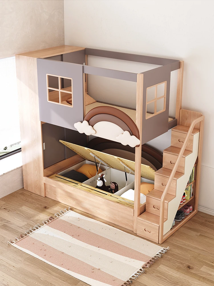 Tempat Tidur Tingkat Putri Pelangi dari Kayu Solid yang Dapat Disesuaikan, Desain Lubang Pohon, untuk Kamar Tidur Anak atau Apartemen