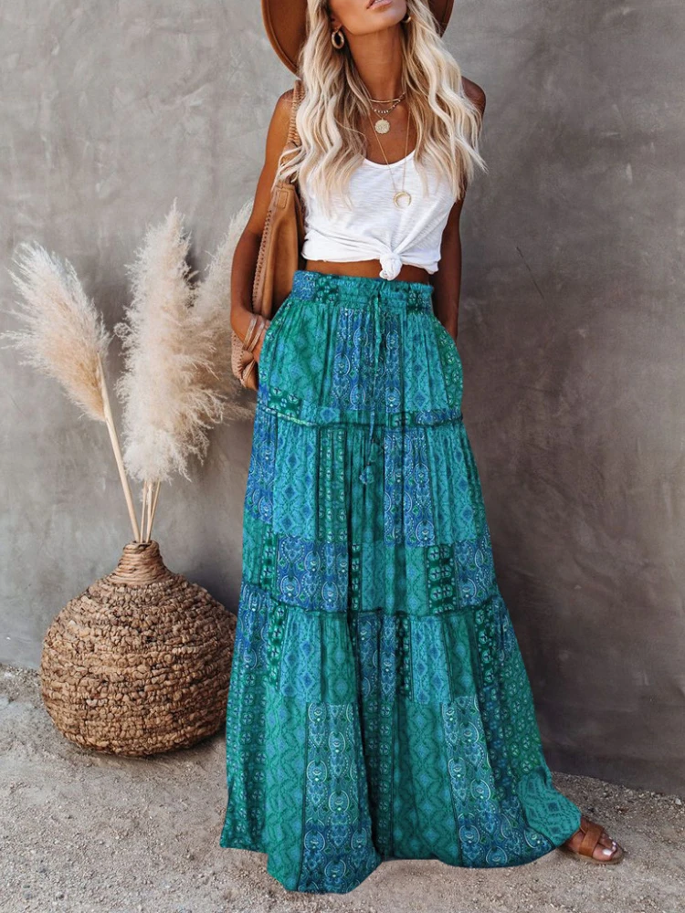 Women\'s Long Skirts Fashion Bohemian Print Maxi Skirt Winter Holiday Beach Skirts Casual Loose Patchwork Skirt Female Bottoms