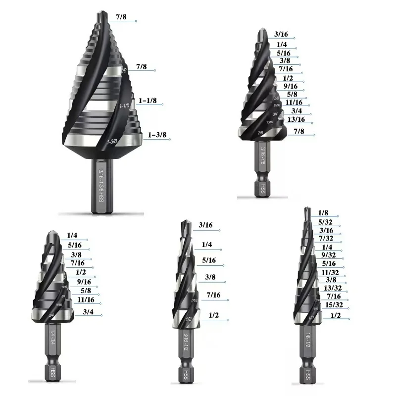 HSS 4341 Step Drill Bit Set 3Pcs 4 Flute Spiral 1/4 Hex Shank Step Cone Drill For Metal Stainless Steel Iron Hole Cutter