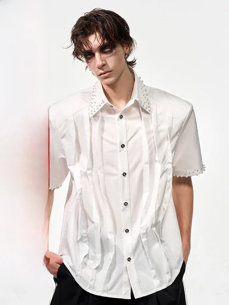 

Мужская летняя повседневная дышащая рубашка из полиэстера с жемчужными наплечниками и дизайном с имитацией бриллиантов