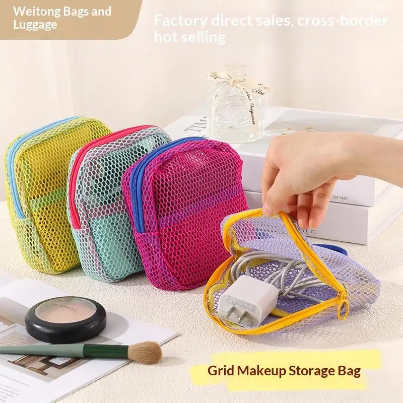 Candy Color Square Mesh Cosmetic Organization Storage Bag With Zipper Portable Sundries Pouch For Travel With Rope 1PC
