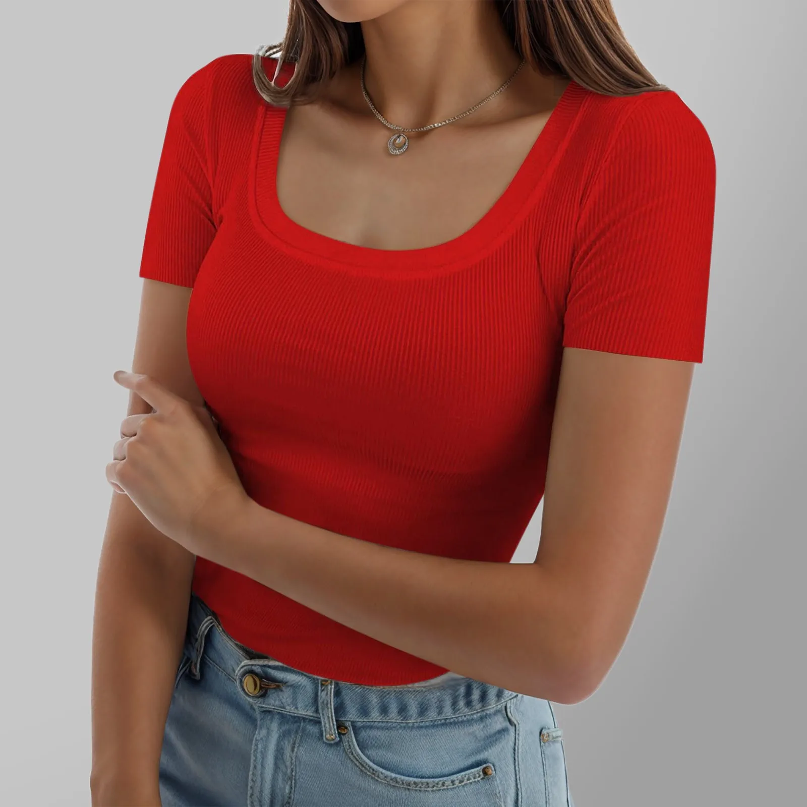 Camiseta de malha com nervuras para mulheres, tops slim fit, camisas monocromáticas, manga curta, colarinho quadrado, camisetas femininas, roupas de treino, verão