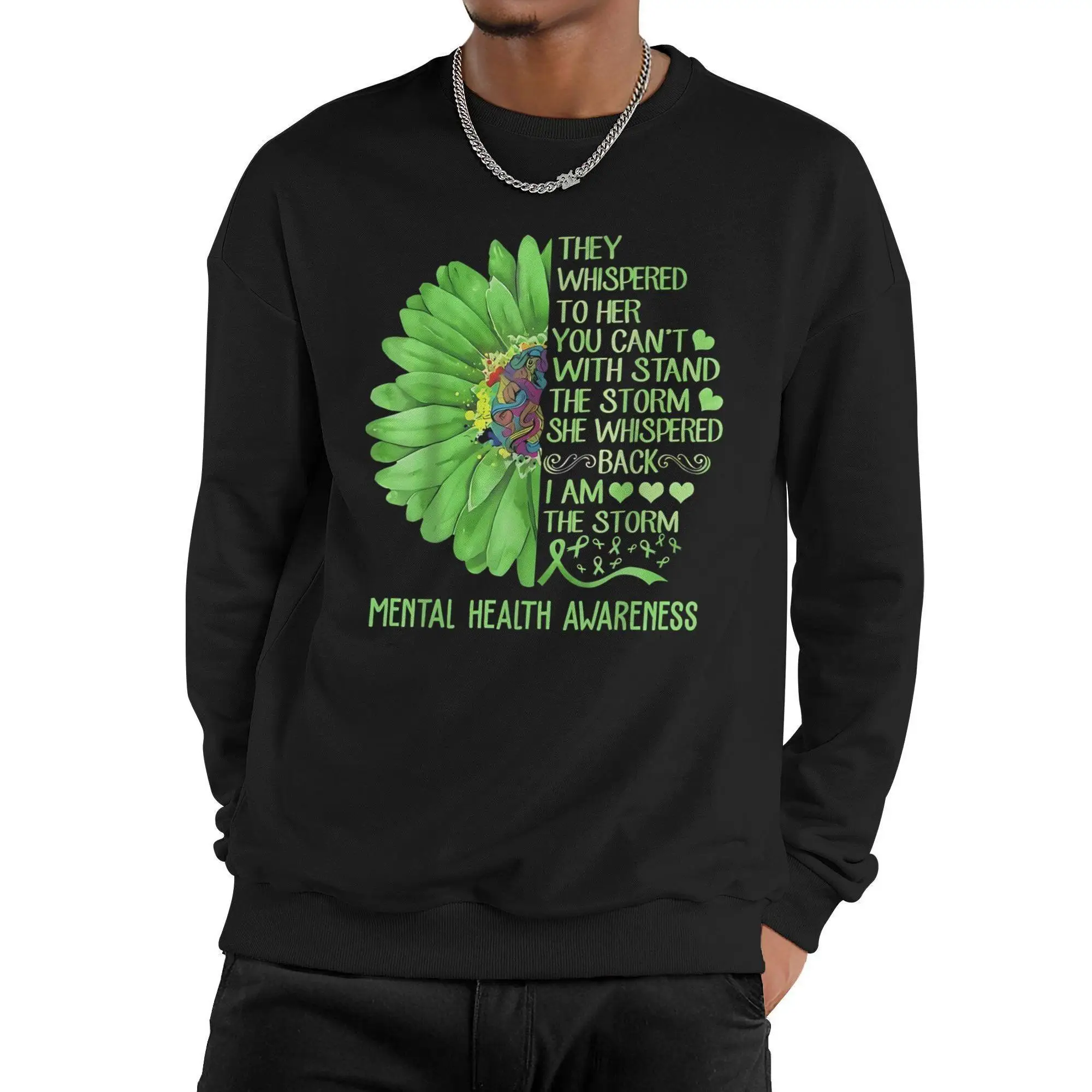 

"Mental Health Awareness Sunflower Sweatshirt | 'I Am The Storm' Graphic Crewneck for Women | Motivational Quote Gift"