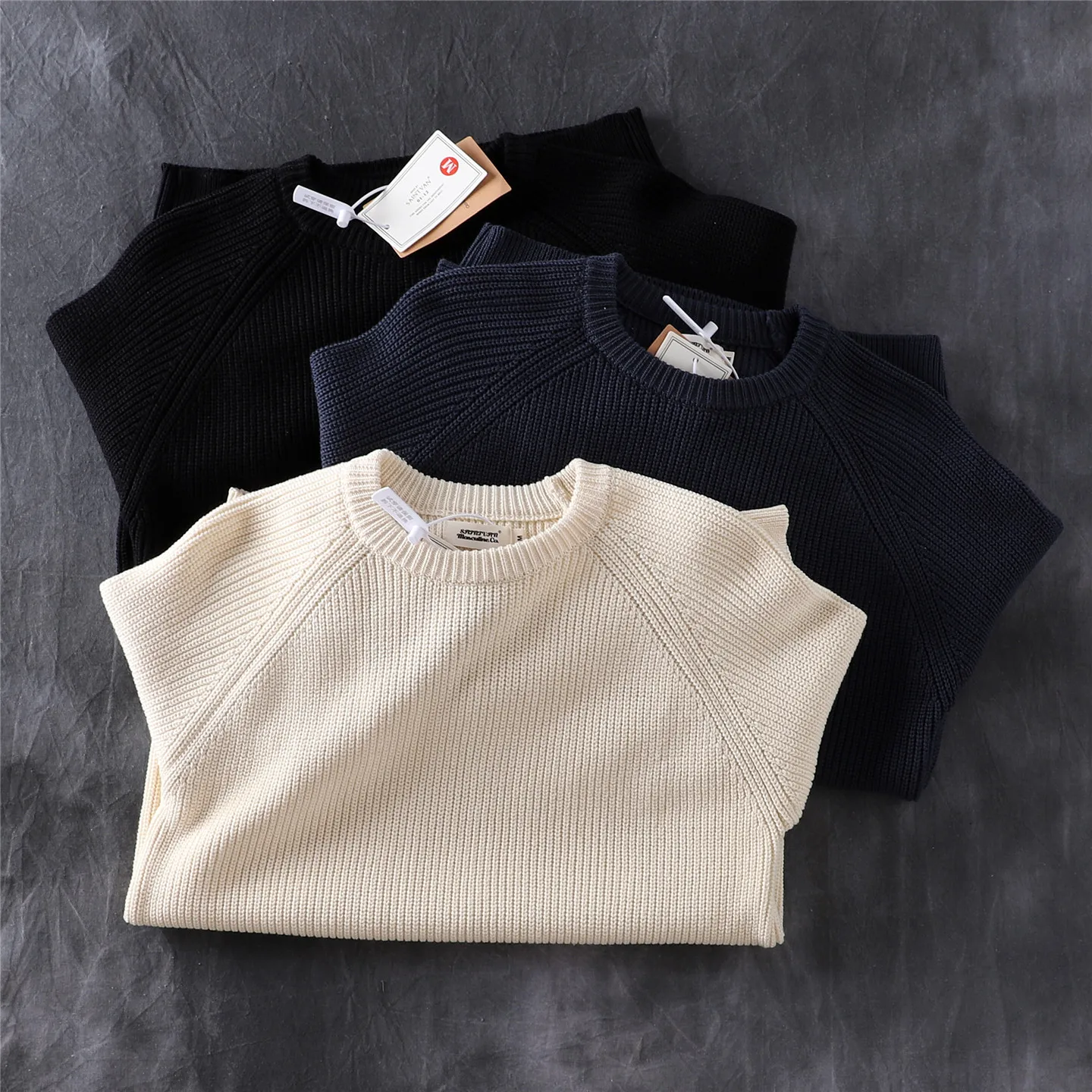

Autumn and Winter New American Retro Heavyweight Raglan Sleeve O-neck Knitted Sweater Men's 100% Cotton Casual Pullover Knitwear