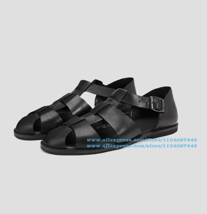 

Roman Sandals for Men Black Leather Hollow Out Buckle Strap Men's Shoes Wear-Resistant Trendy Luxury Handmade Men's Shoes