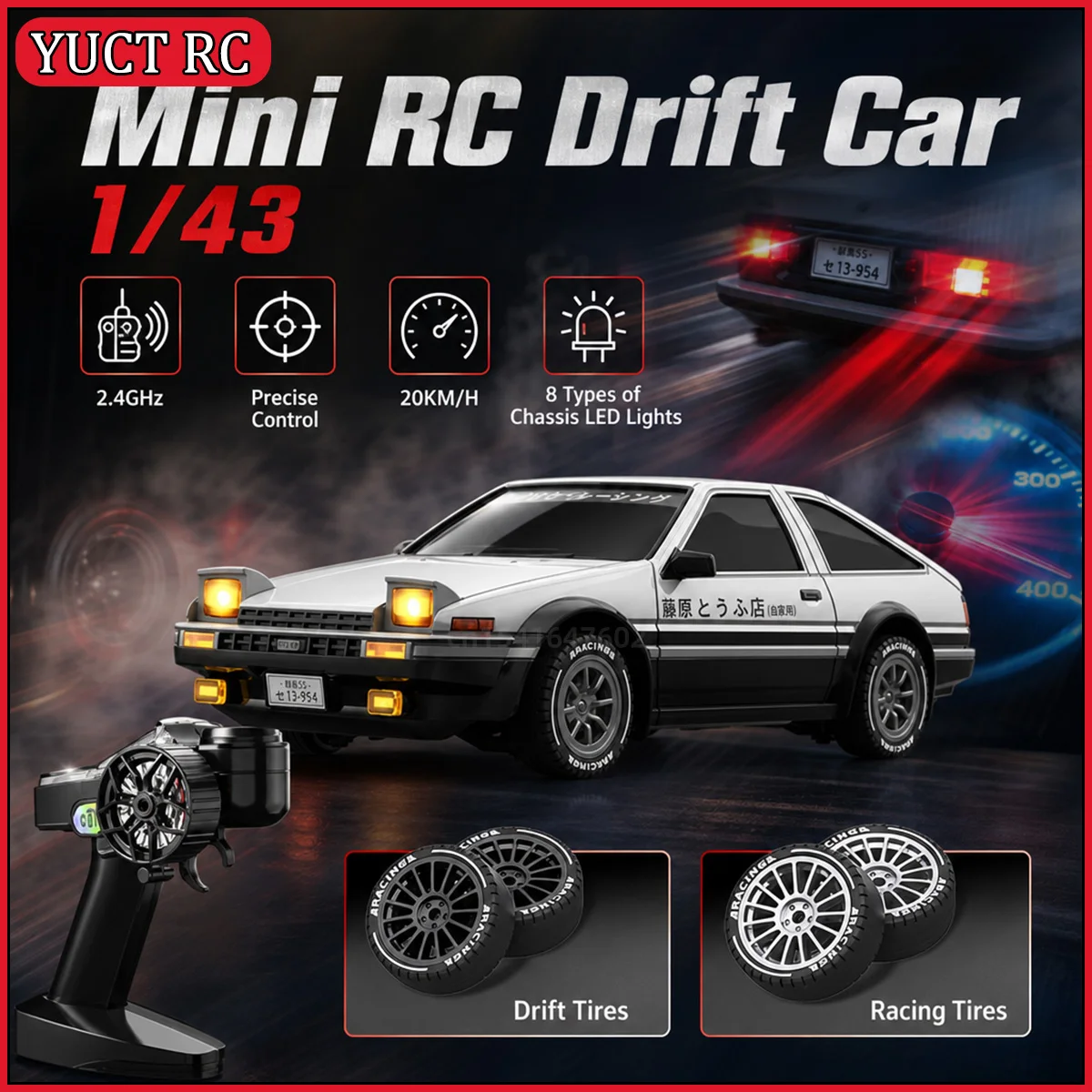 JXC AE86 1/43 Mini RC Drift Car 4WD 20KM/H 2.4GHz Full Proportional Gyro LED Light Remote Control Racing Car Collectible Gift