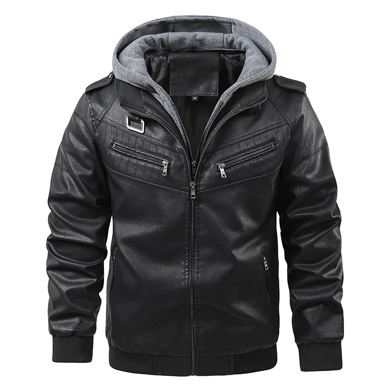 

Men Hooded Leather Jackets Slim Casual Leather Coats Men Motorcycle Removable Hood Winter Coat Male Street Wear Youth Jacket