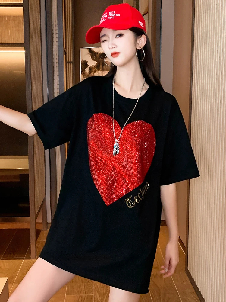 Hot Drilling Love Black T-shirt Female Short Sleeve Tshirt Loose Casual Cotton Top Lady 2022 New Summer T Shirts 40-150KG