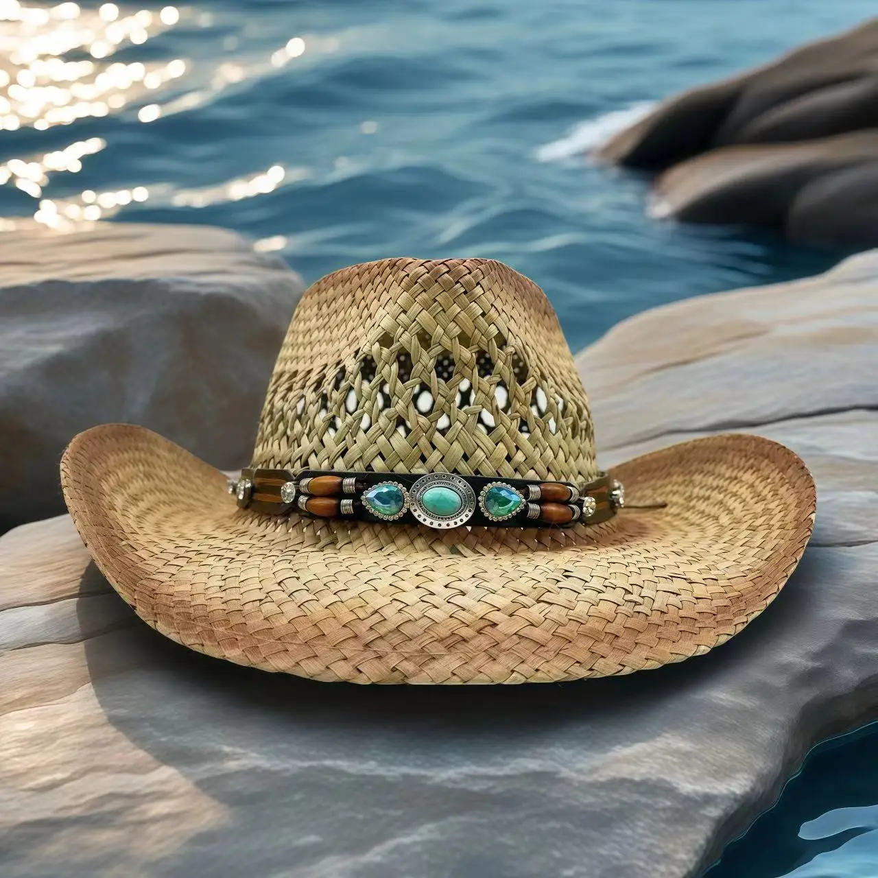 

Соломенная шляпа с кристаллами в стиле вестерн для женщин и мужчин, пляжная, винтажная, для вечеринок, летних фестивалей, кантри-музыки, головной убор