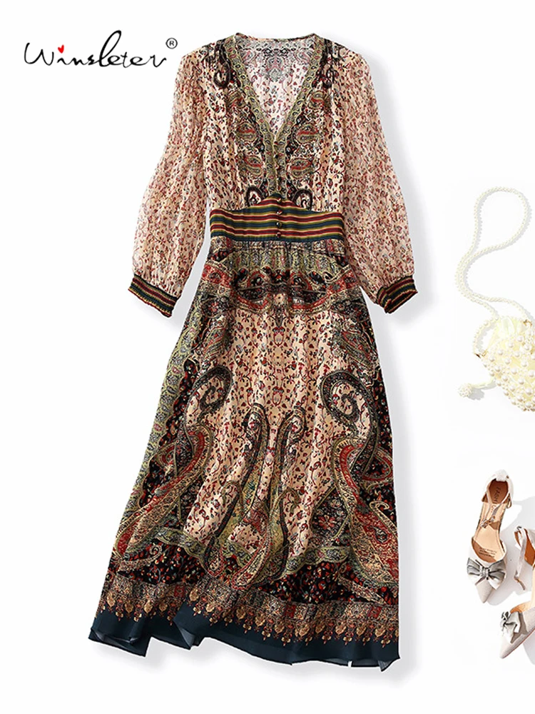 

Winsleter — женское элегантное платье из 100% натурального шелка, V-образный вырез, рукав 3/4, принт, темпераментные платья в стиле ретро, лето 202, D57213CC