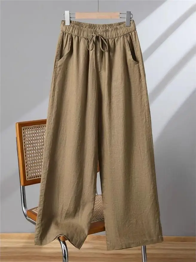 Retro Cotton Linen Wide Leg Pants High Waist Loose Fit Casual Trousers for Women Summer New Style Nine Point Pants