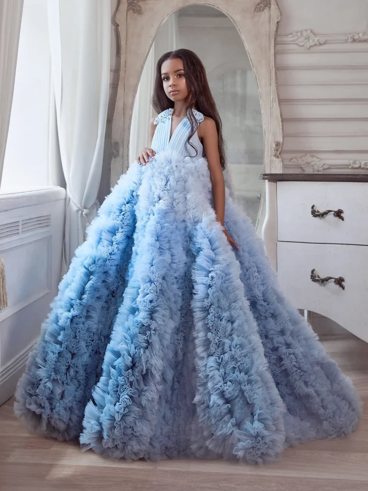 Blue Flower Girl Dresses Tulle Tiered With Tailing Sleeveless For Wedding Birthday Party Banquet Princess Gowns