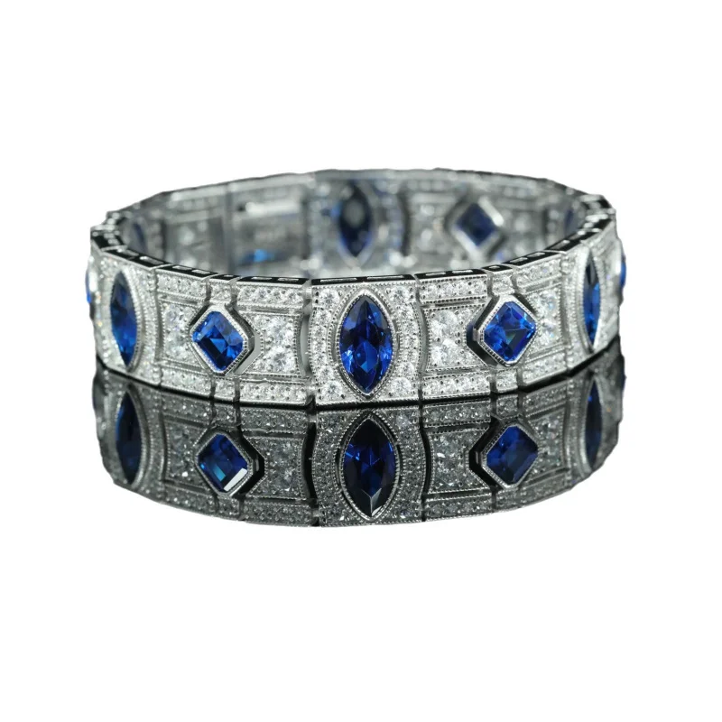 สร้อยข้อมือชุบทองเงิน 925 เพชรคาร์บอนสูง ROYAL BLUE Artdeco Art Deco สร้อยข้อมือโบราณตะวันตก