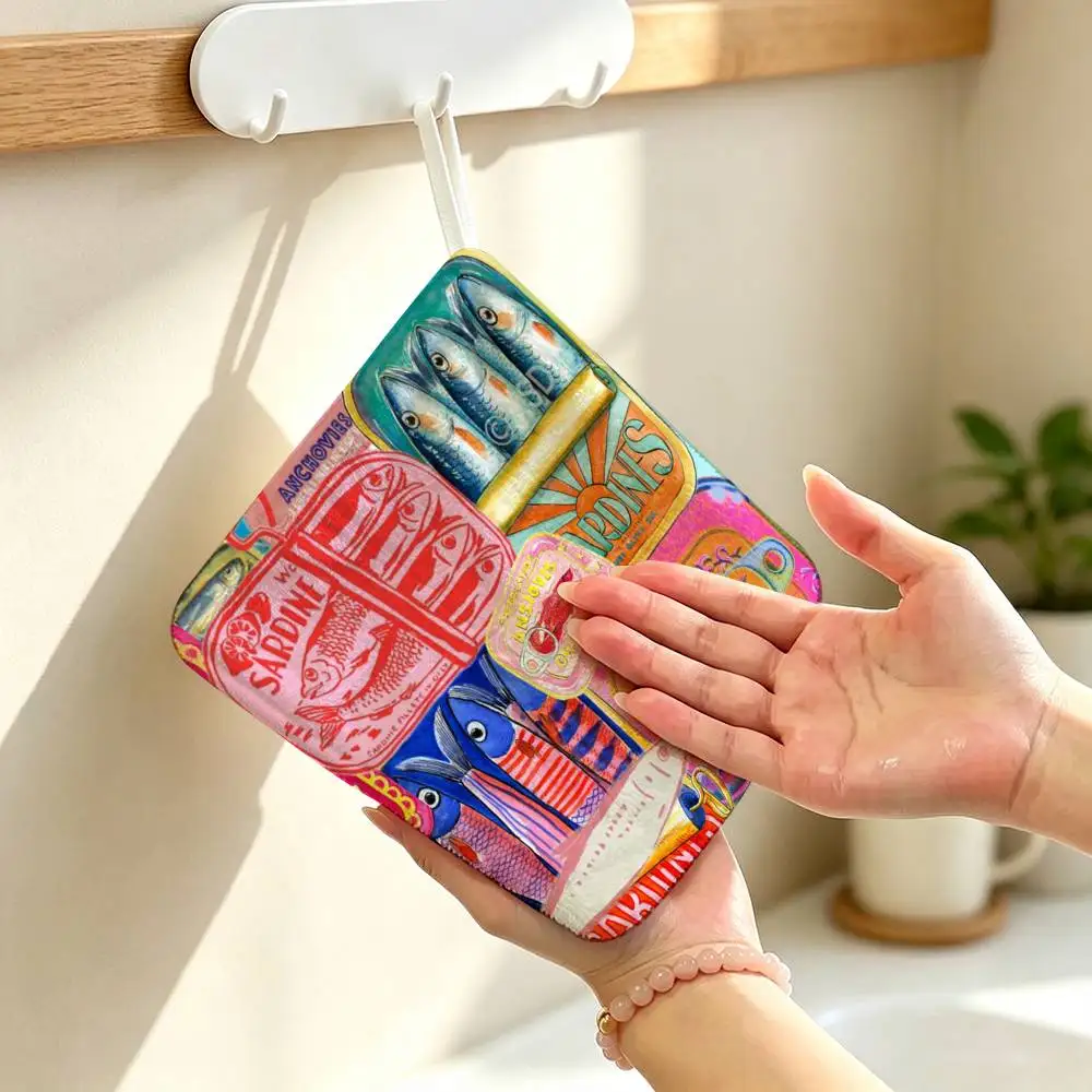 Tinned-Sardine-cans Anime Polyester Hanging Kitchen Hand Towel Durable Wear Resistant  Versatile Use Throughout Home