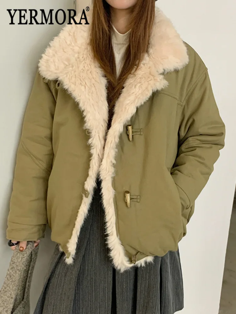 

YERMORA Green Buckle Pocket Warm Cotton Jacket For Women Lapel Long Sleeve Loose New Parkas Fashion Tide Autumn Winter 2025