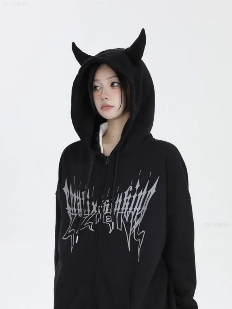 Japanese Zip Up Devil Horns Hoodies Women Harajuku Punk Gothic Sweatshirt Fairy Grunge Jacket Coat Streetwear Alt Emo Clothes - view 4