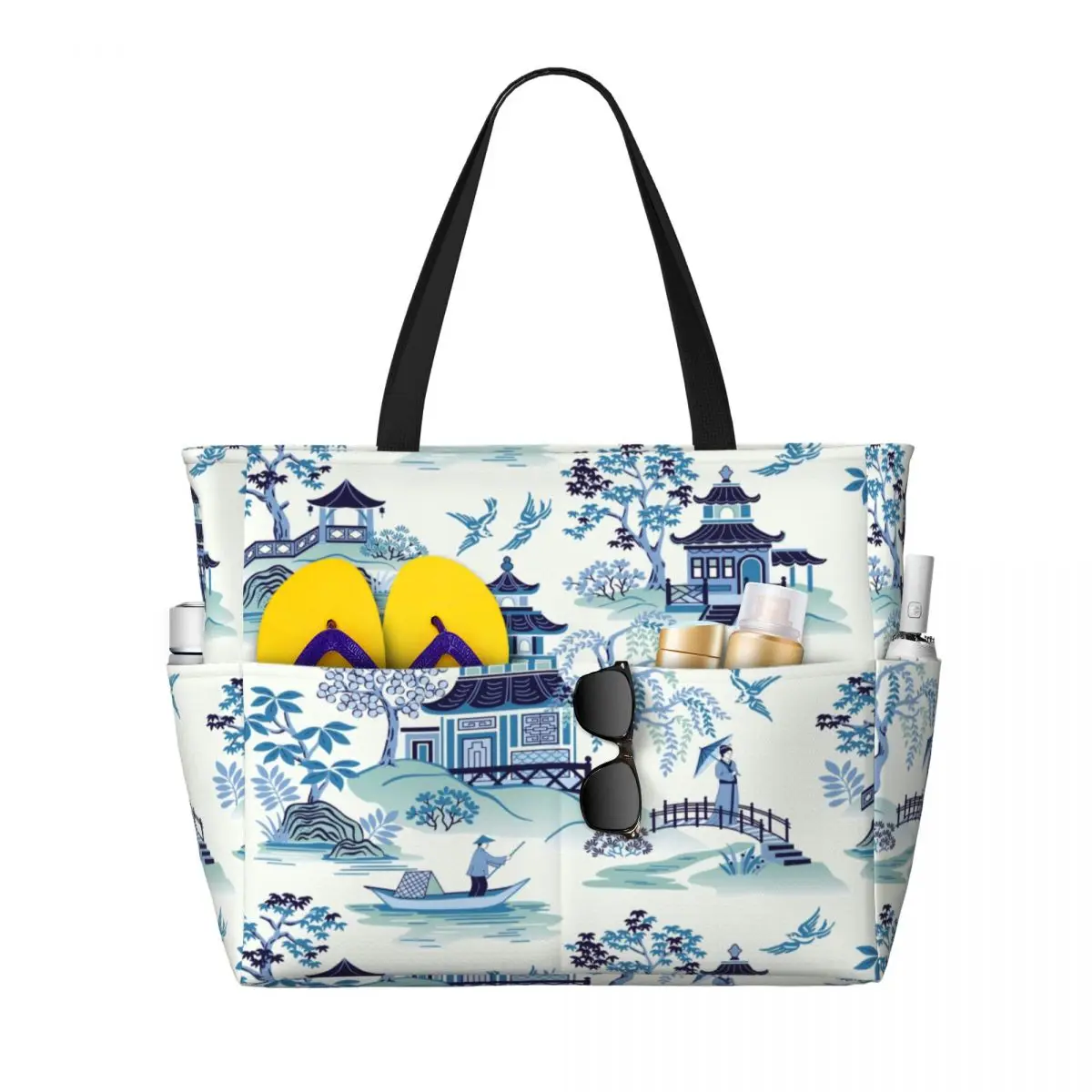 

Пользовательские Chinoiserie Pagoda синяя антикварная пляжная сумка-тоут для женщин с большим отделением для спортзала, пляжные дорожные сумки