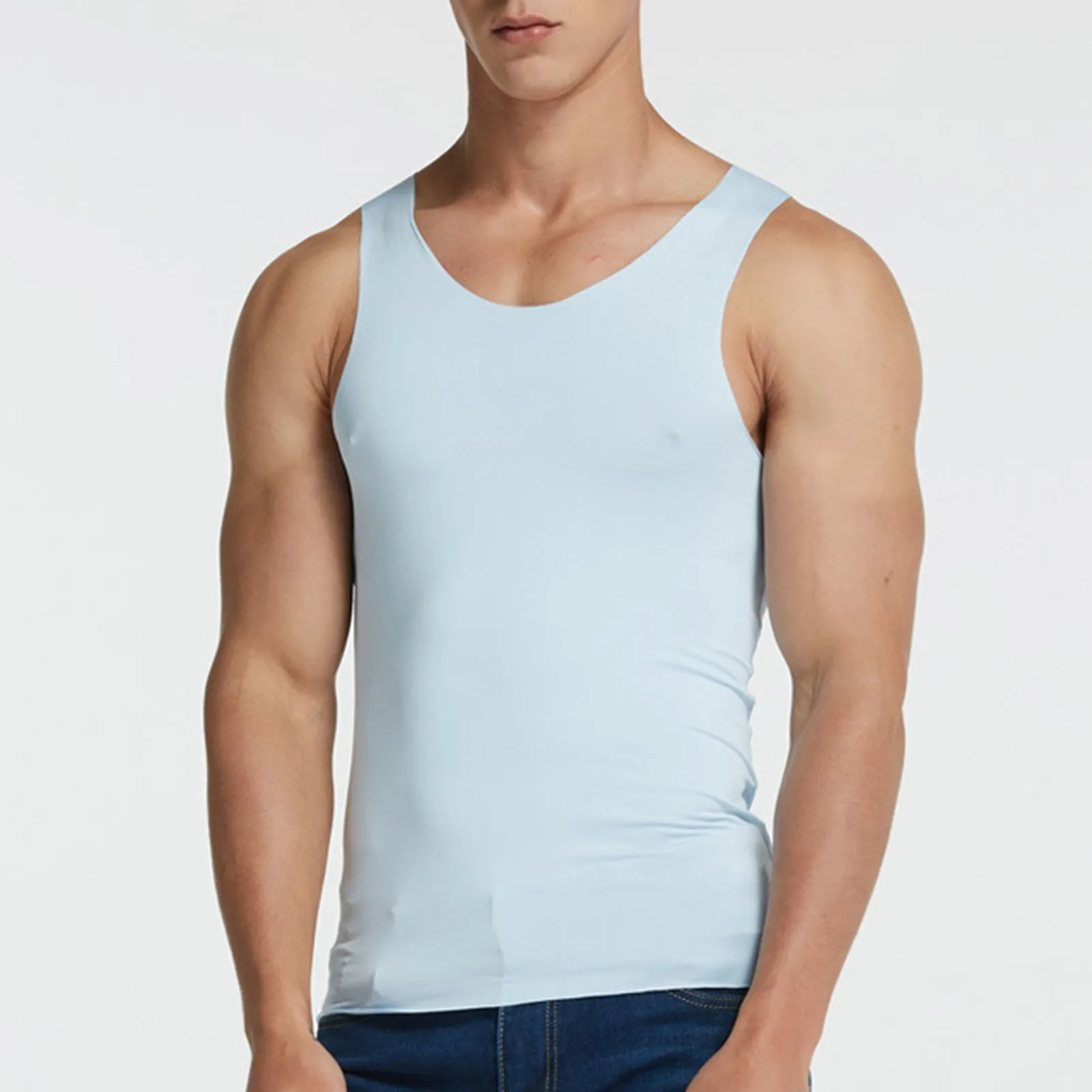 Men\'s Ice Silk Sports Vest Quick Dry Breathable Fitness Seamless Tee Shirts Summer Narrow Shoulder Sleeveless Tank Tops T Shirt