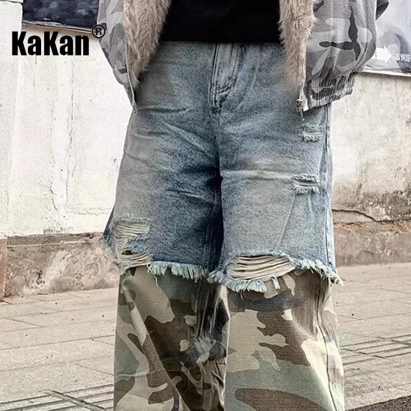 Kakan - New Men's Splicing Camouflage Jeans, y2k Men's Pants High Street Niche Wash Loose Wide Leg Long Jeans jeans man brand