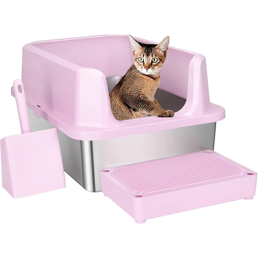 

Stainless Steel Cat Litter Box, Semi-Enclosed Litter Box with Raised Edges, Anti-Leakage & Odorless, Large Litter Box